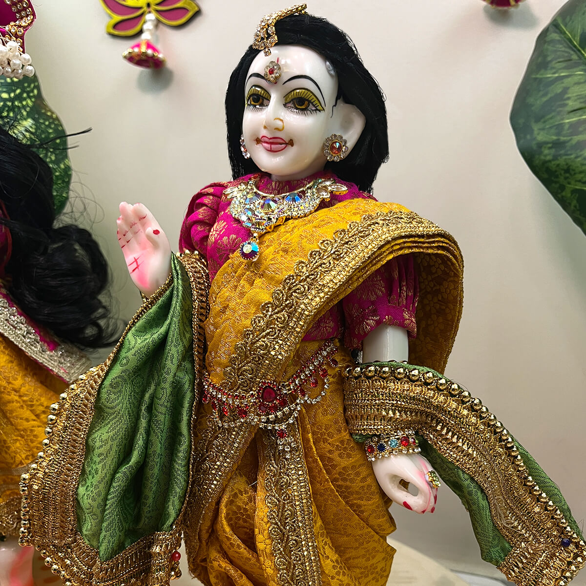 Radha Krishna Poshak – Elegant Pink, Green & Yellow Attire (9-Inch Idol | Single Piece) - Image 5