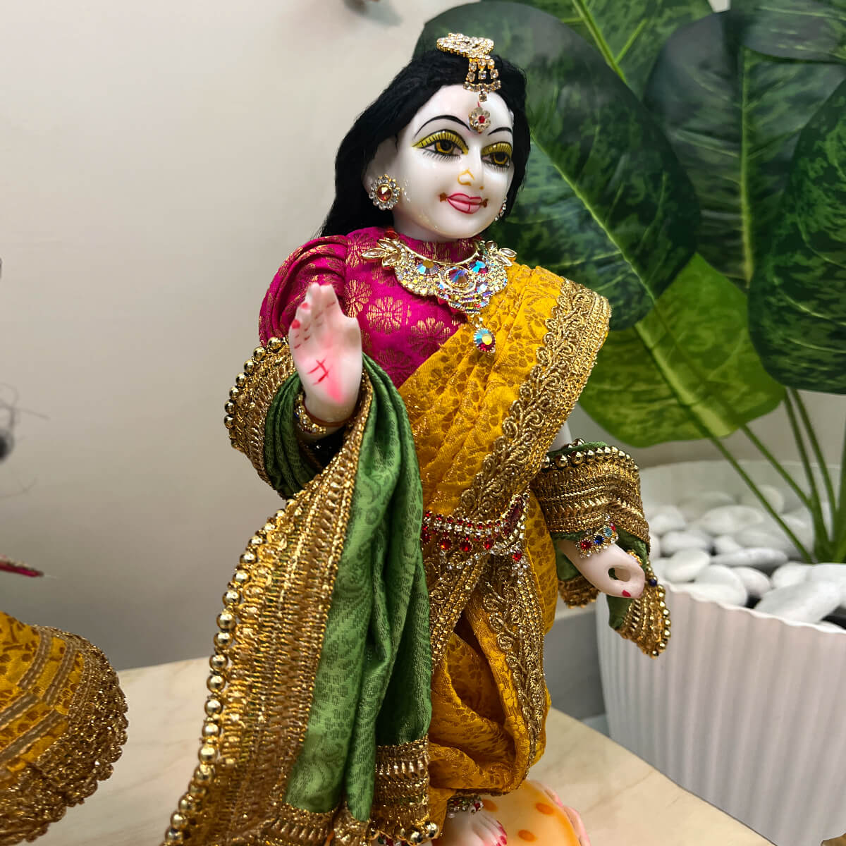 Radha Krishna Poshak – Elegant Pink, Green & Yellow Attire (9-Inch Idol | Single Piece) - Image 6