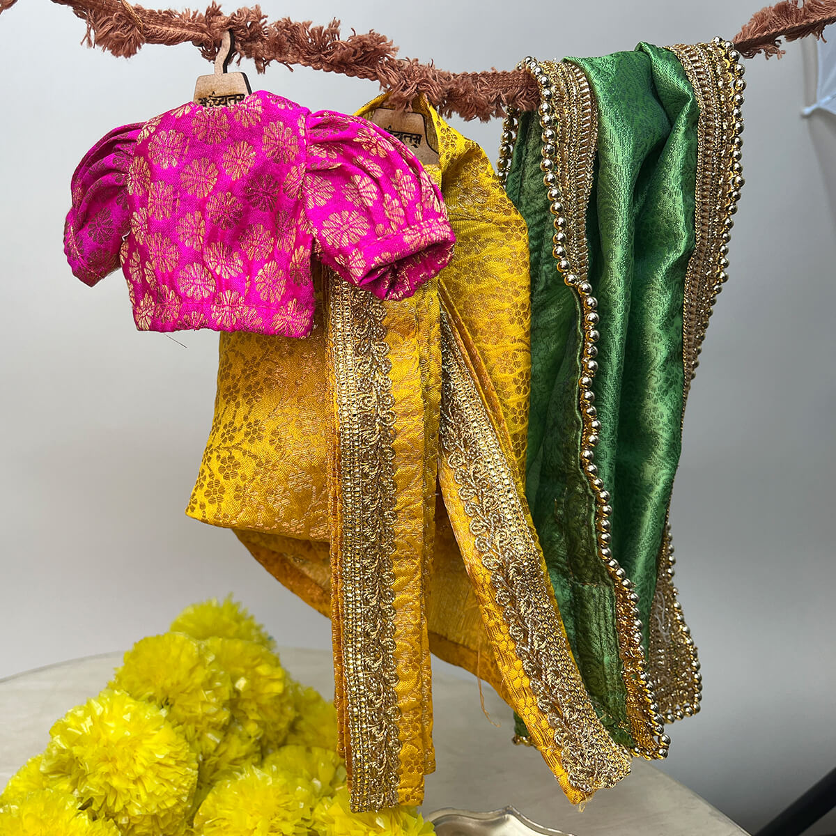 Radha Krishna Poshak – Elegant Pink, Green & Yellow Attire (9-Inch Idol | Single Piece) - Image 8