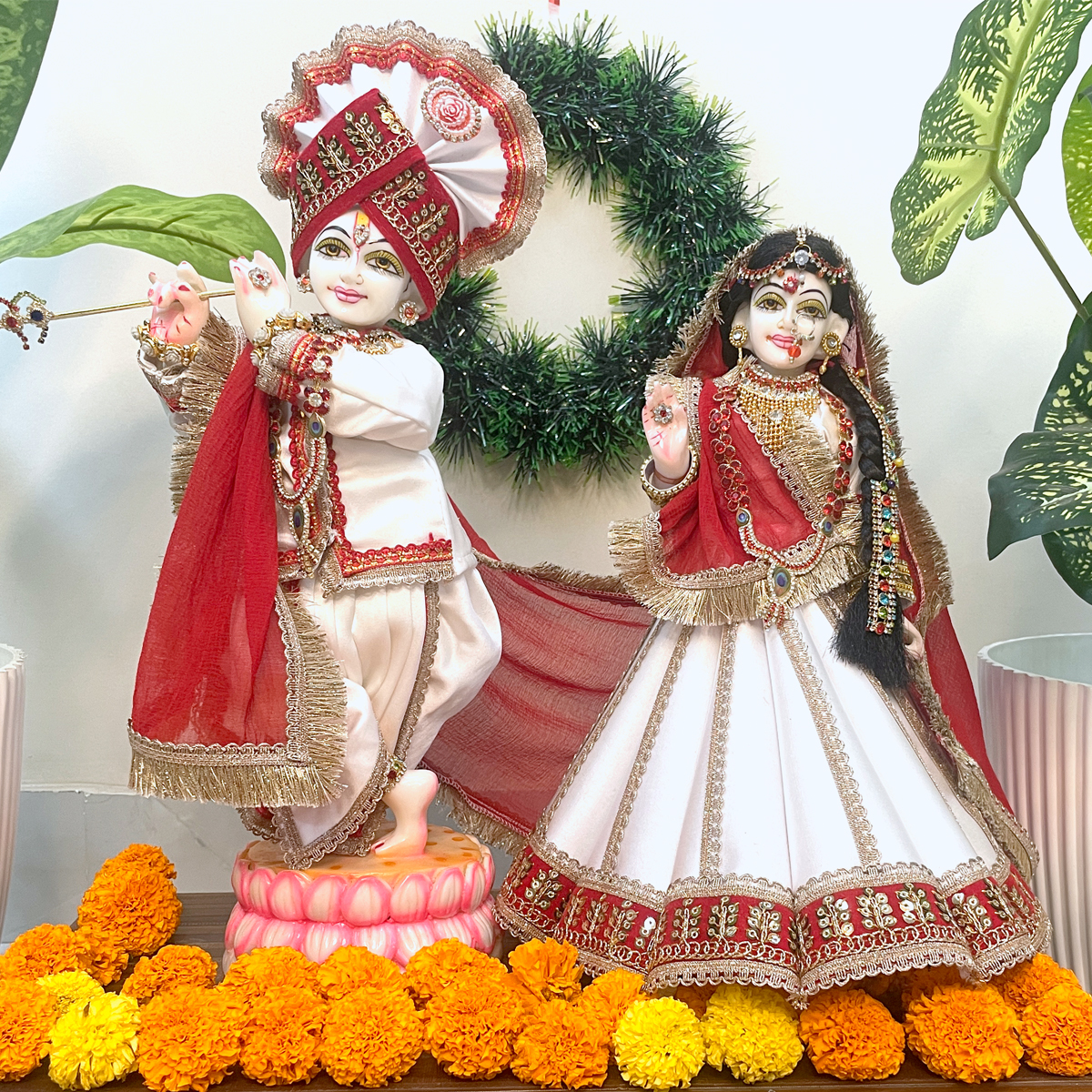Premium White & Red Satin Radha Krishna Yugal Poshak