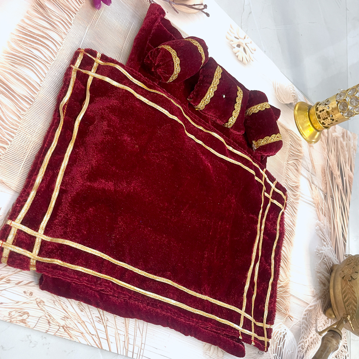 Velvet Bliss: Maroon & Gold Bed Set for Bal Gopal - Image 3