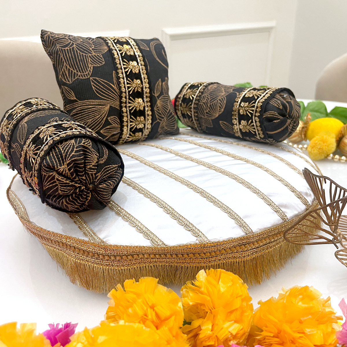 Premium Regal Black & Gold Embroidered Asan cum Bed for Laddu Gopal / Deities