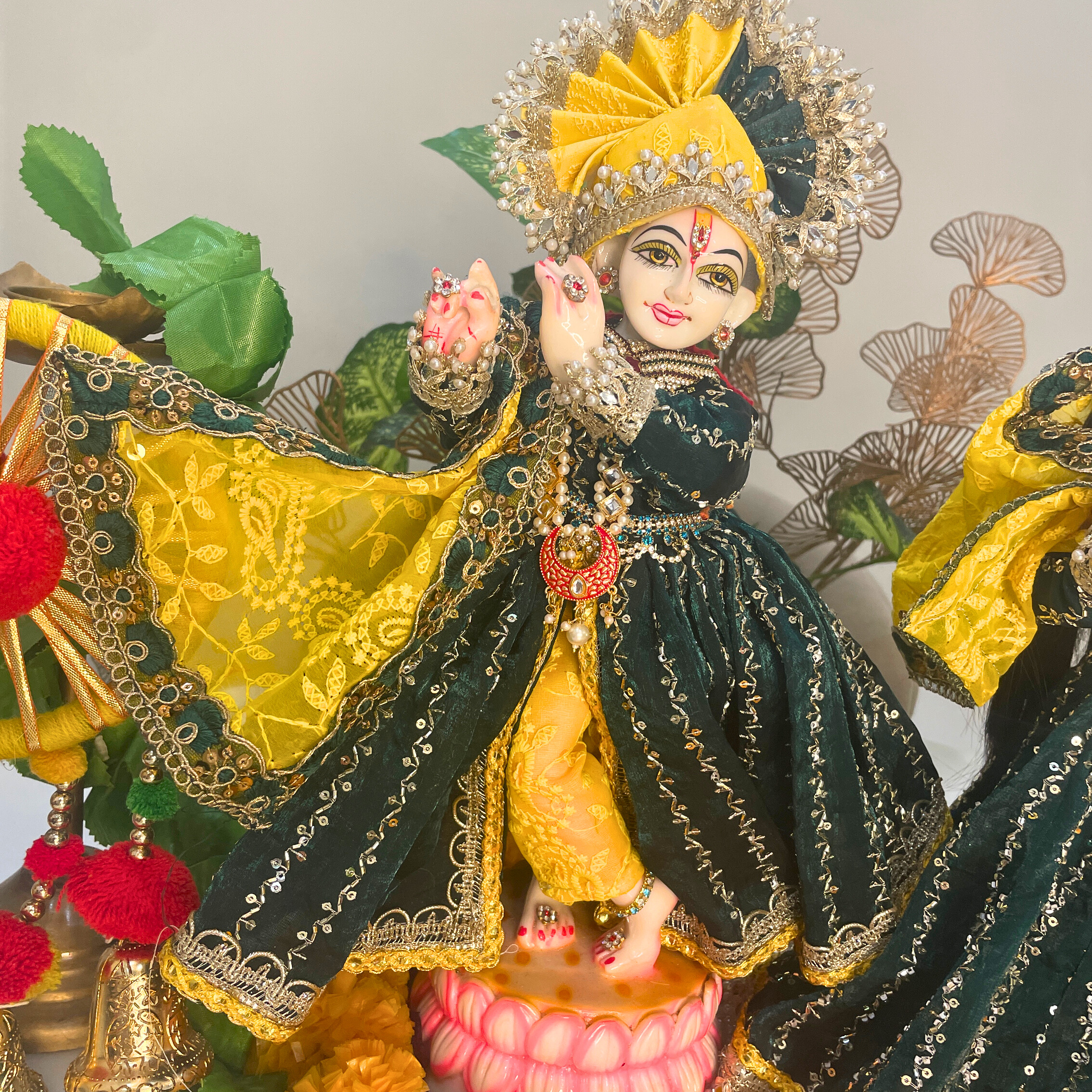 Elegant Green & Yellow Shringar Poshak for Krishna