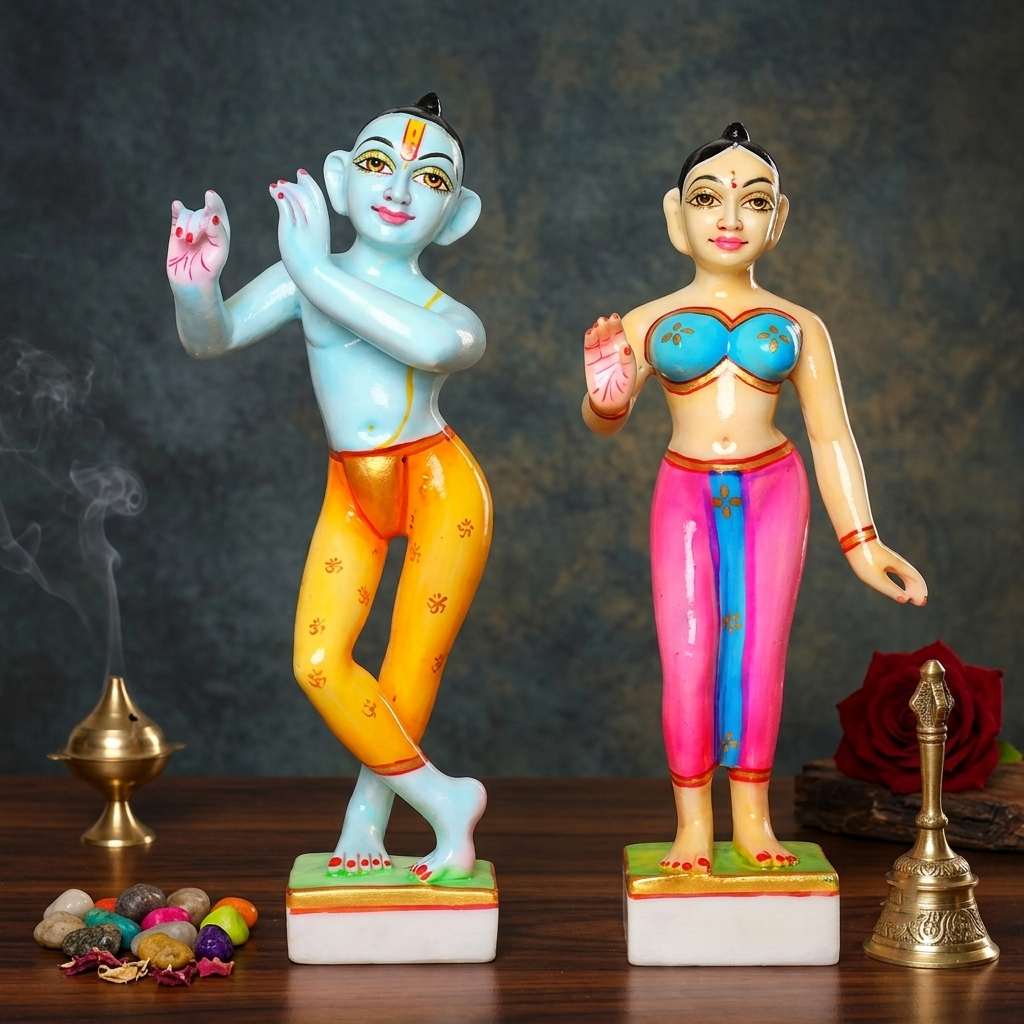 12 Inch Marble Dust Radha Krishna Jugal Jodi Murti (Blue Krishna)