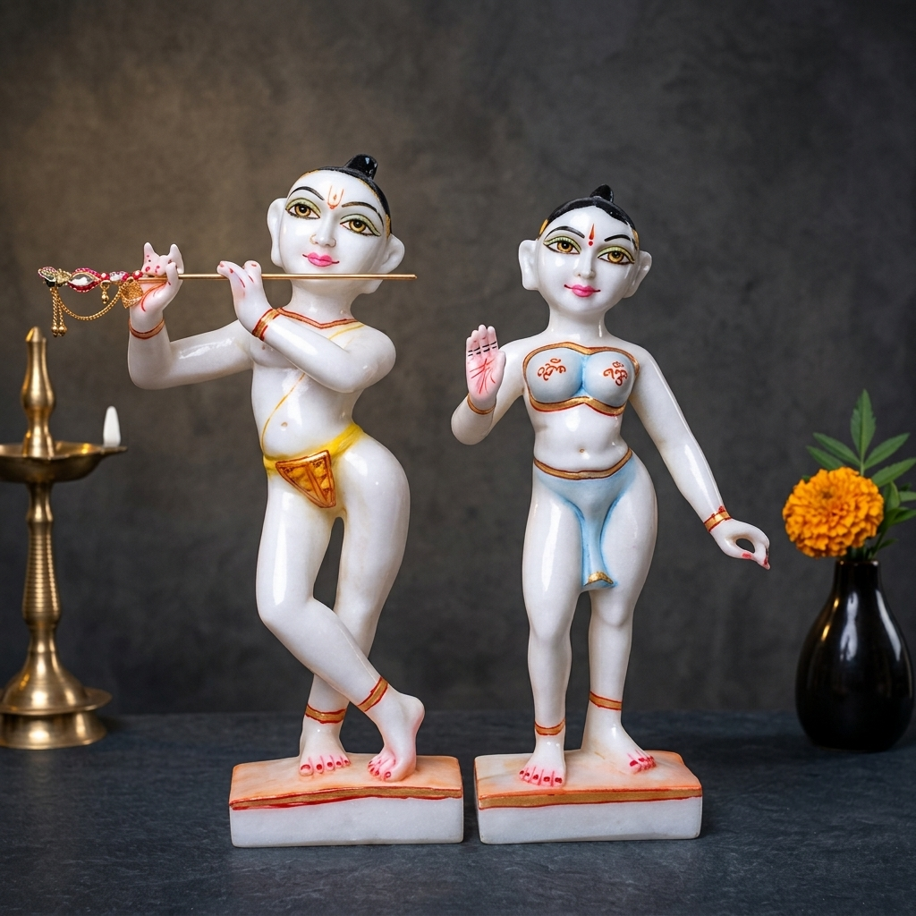 15 Inch Marble Dust Radha Krishna Jugal Jodi Murti (White Krishna)
