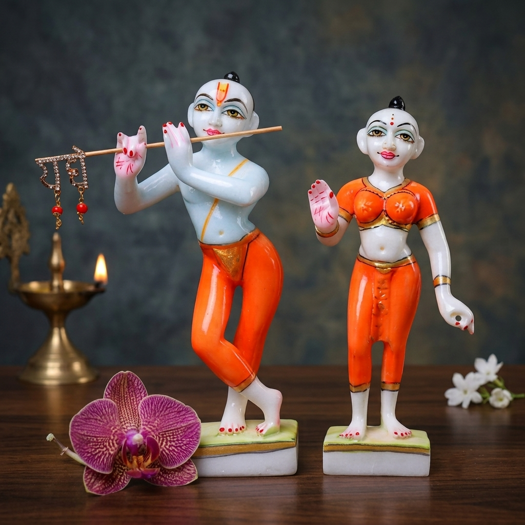 9 Inch Marble Dust Radha Krishna Jugal Jodi Murti (White Krishna with Orange Shringar)