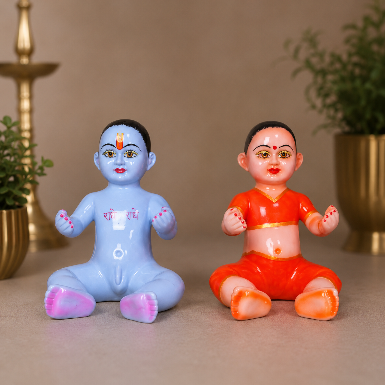 11 Inch Marble Dust Lalla Lalli Murti (Blue Baby Krishna with Orange Shringar Lalli)