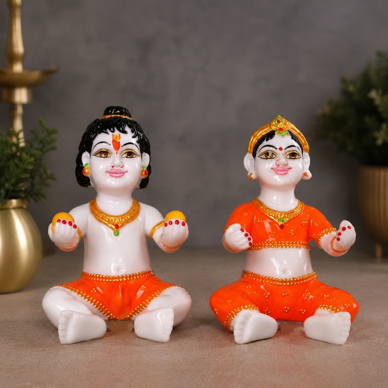 11 Inch Marble Dust Lalla Lalli Murti (White Baby Radha Krishna with Orange Shringar)
