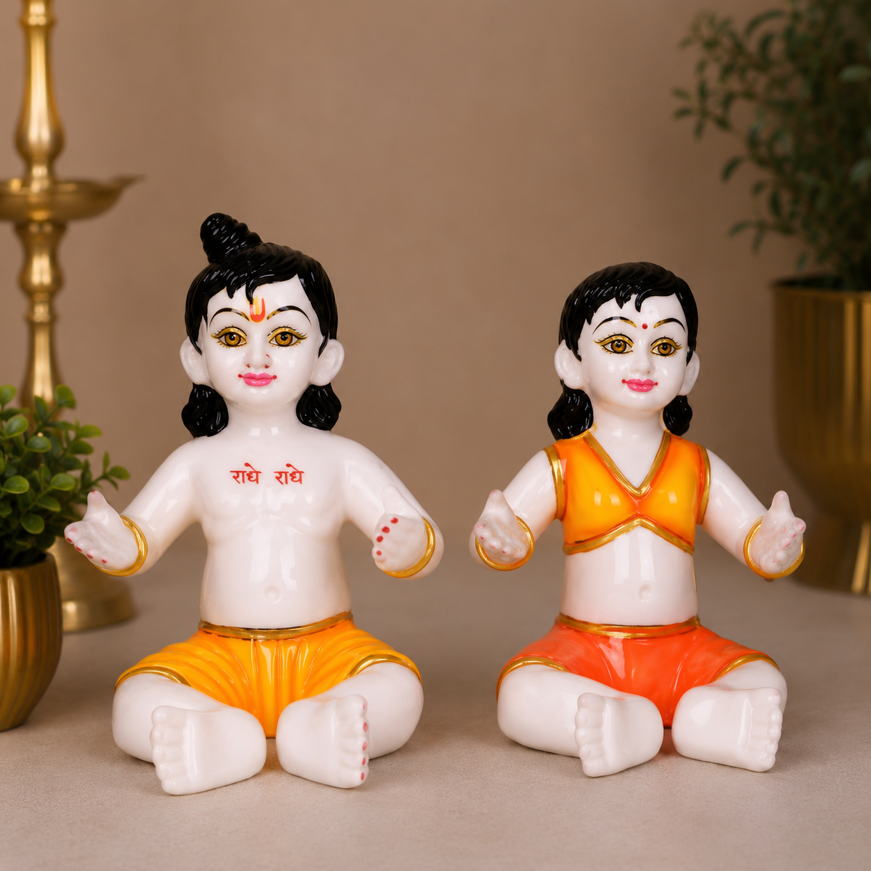 11 Inch Marble Dust Lalla Lalli Murti (White Baby Radha Krishna with Yellow Shringar)