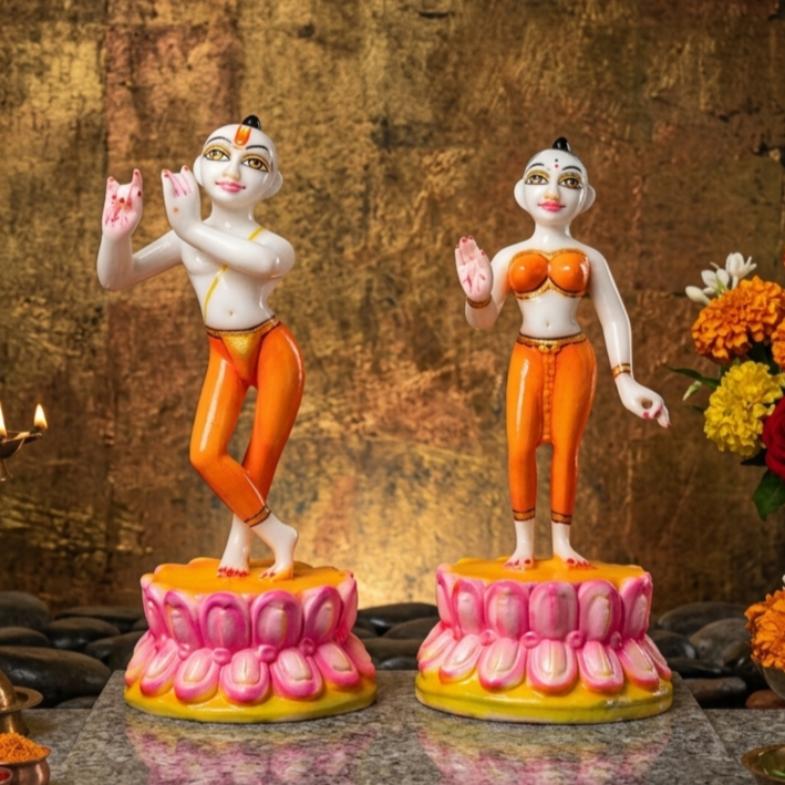 10 Inch Marble Dust Lotus Radha Krishna Jugal Jodi Murti (White Krishna)