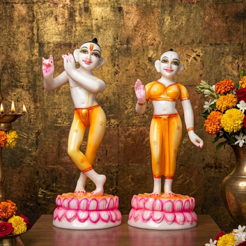 12 Inch Marble Dust Lotus Radha Krishna Jugal Jodi Murti (White Krishna)