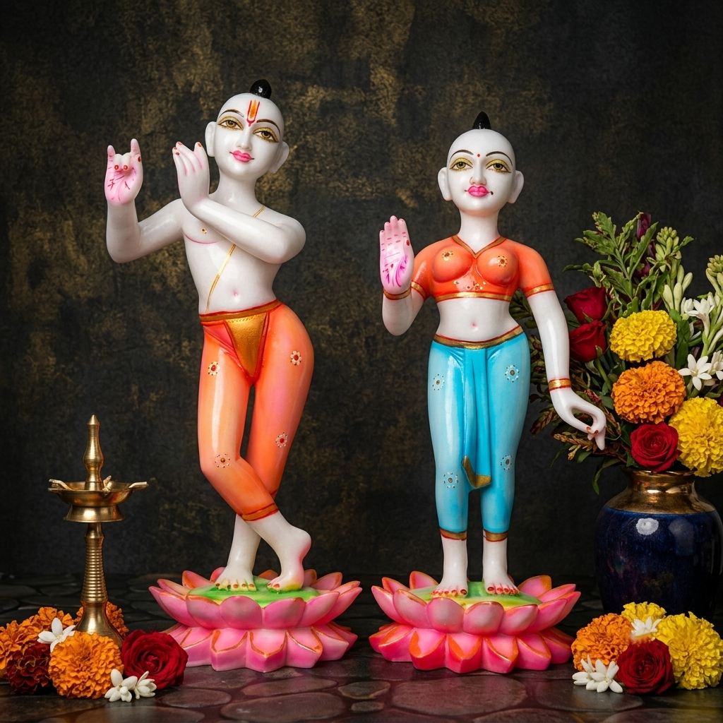15 Inch Marble Dust Lotus Radha Krishna Jugal Jodi Murti (White Krishna)