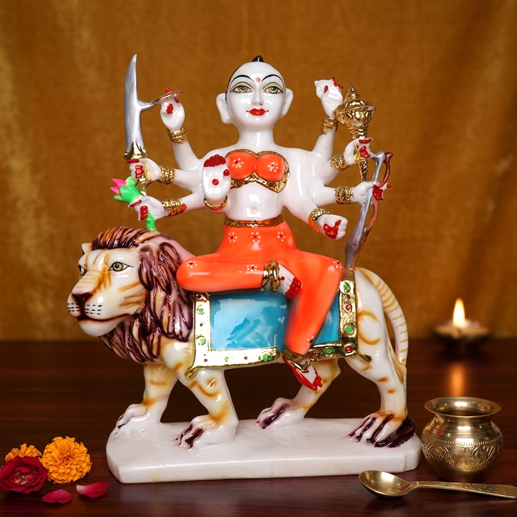 15 inch handcrafted white marble durga maa murti seated on lion for home mandir