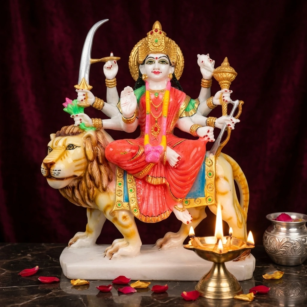 15 inch handcrafted marble durga maa murti in red attire seated on lion for home mandir