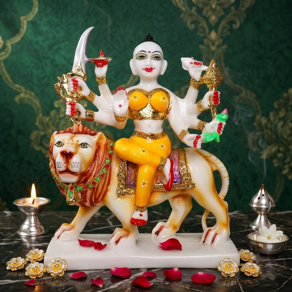 12 inch handcrafted white marble durga maa murti in yellow attire seated on lion for home mandir
