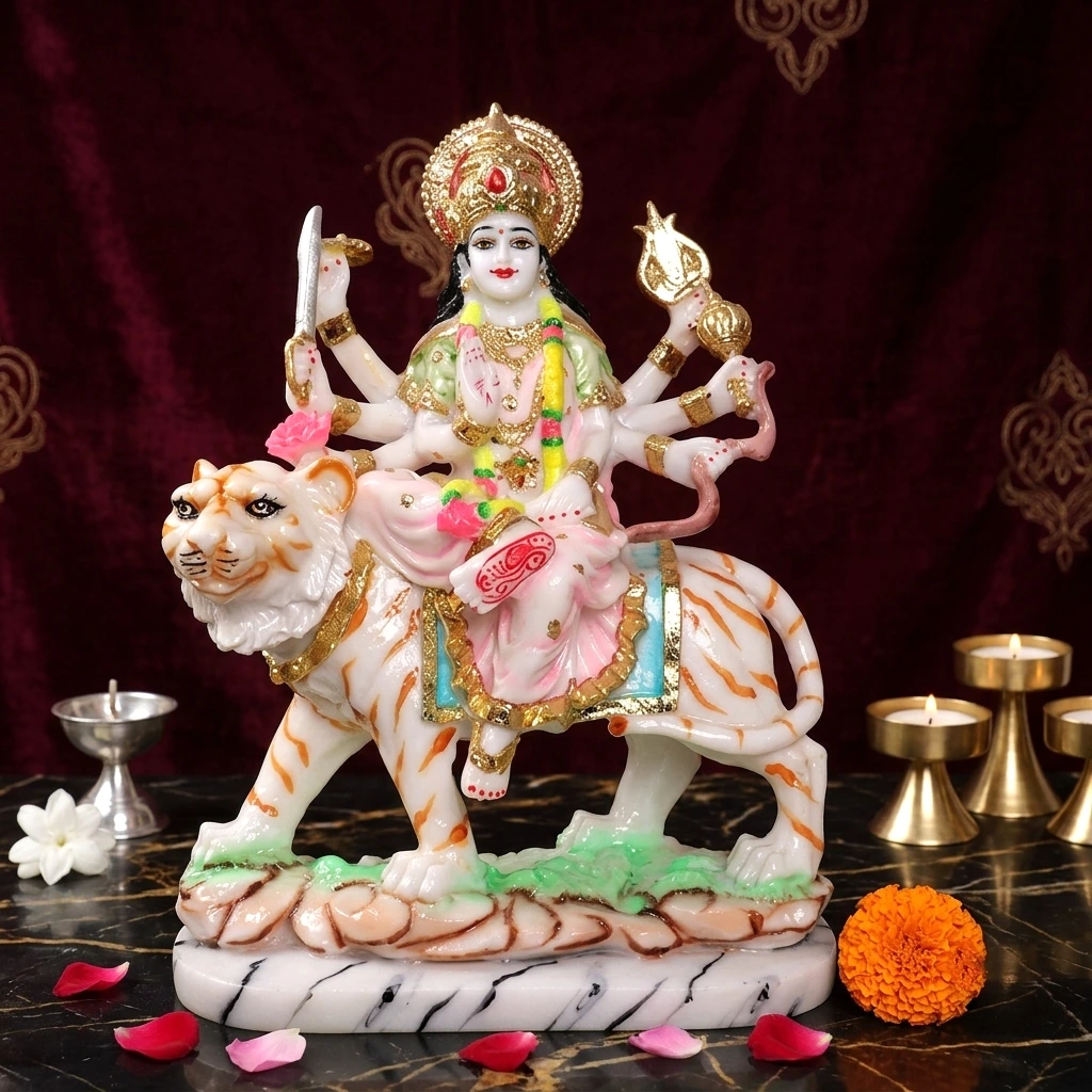 12 inch handcrafted white marble durga maa murti in pastel multicolor attire seated on tiger for home mandir
