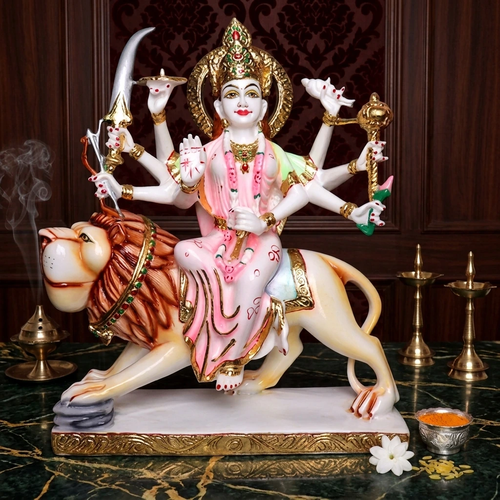 16 inch handcrafted white marble durga maa murti in pink attire seated on lion for home mandir