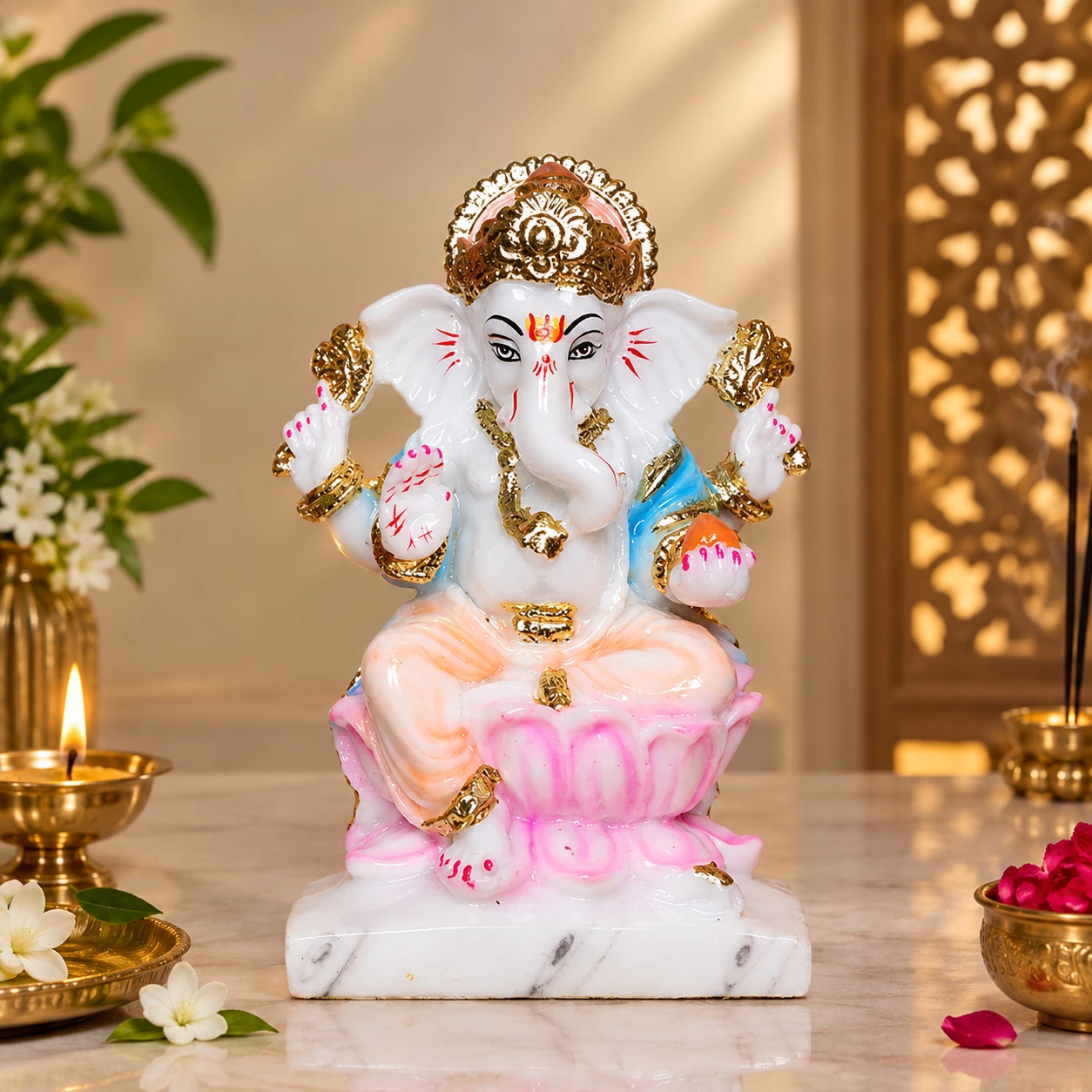 7 inch handcrafted white marble lord ganesha murti seated on lotus base for home mandir