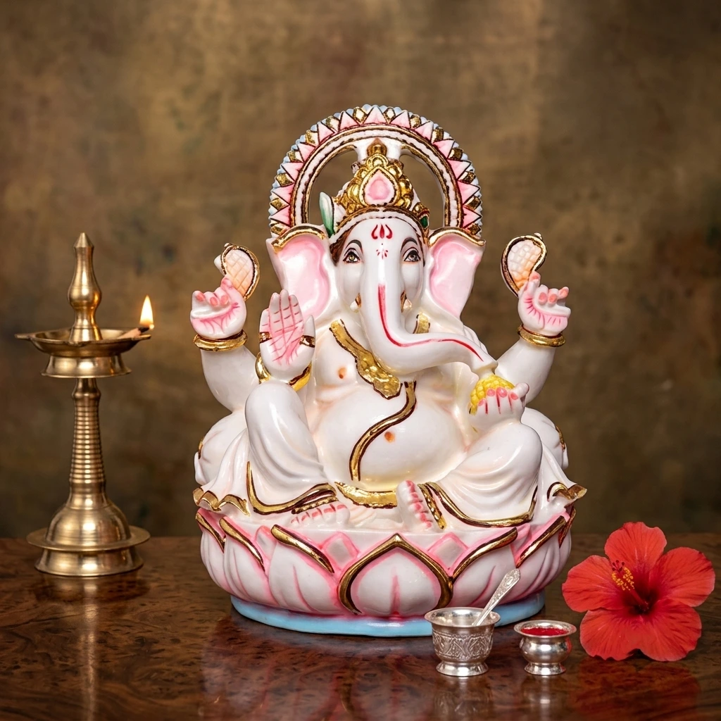 12 inch handcrafted white ganesha murti seated on lotus base with gold halo for home mandir