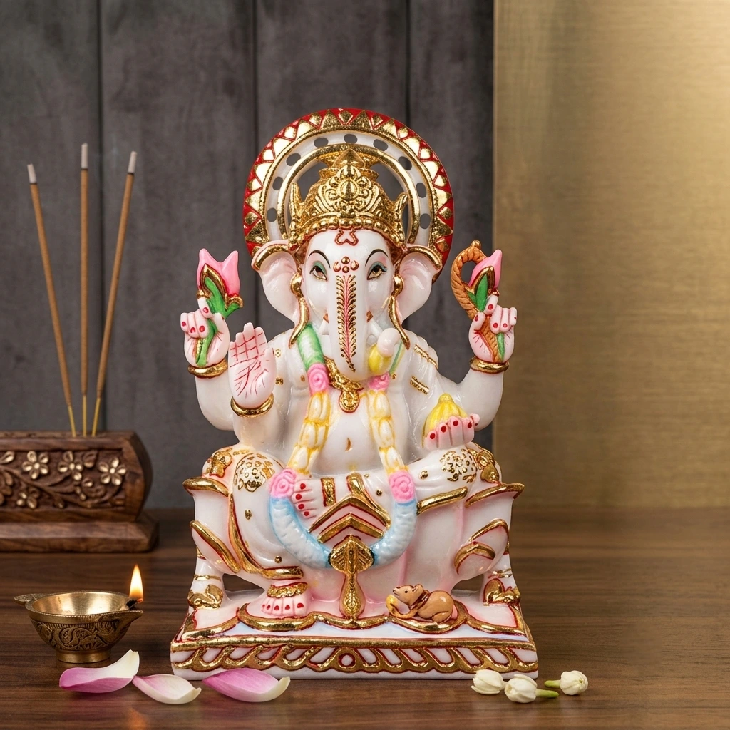 9 inch handcrafted white marble ganesha murti seated on lotus base with golden crown and red prabhavali for home mandir