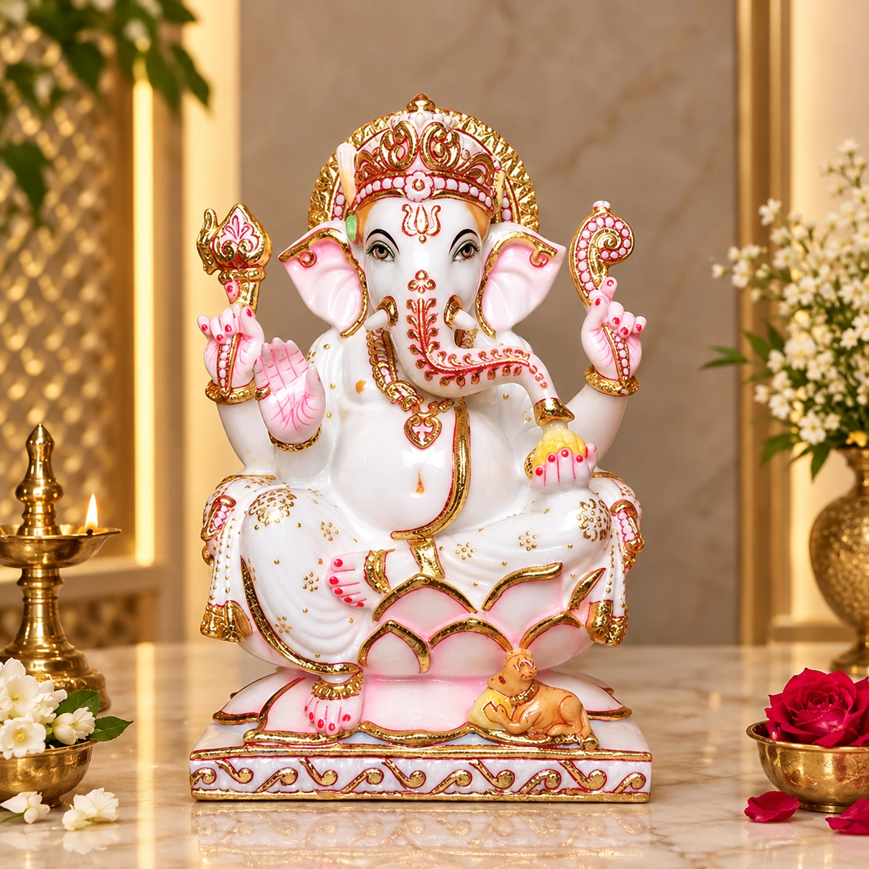 12 inch handcrafted white marble ganesha murti seated on pink lotus with golden crown and mouse for home mandir