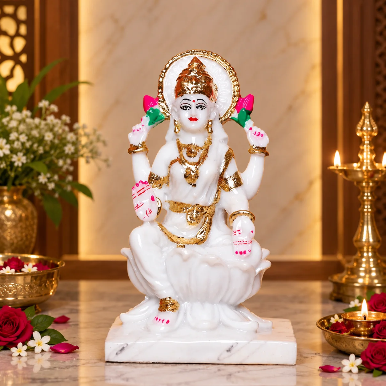 7 inch handcrafted white marble goddess maa laxmi murti with gold foil work seated on lotus for home mandir