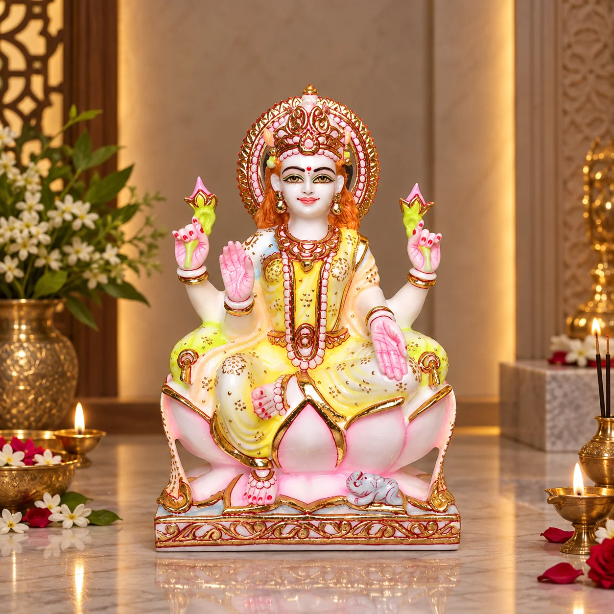 10.5 inch handcrafted white marble goddess maa laxmi murti in yellow poshak seated on lotus for home mandir