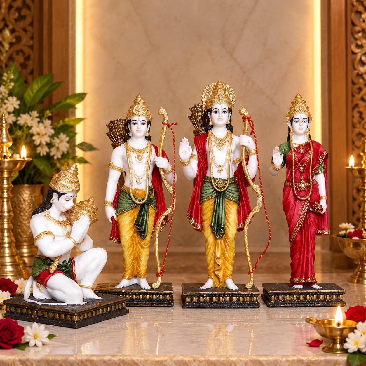 12 inch handcrafted white marble ram darbar murti set featuring lord ram sita mata laxman and hanuman for home mandir