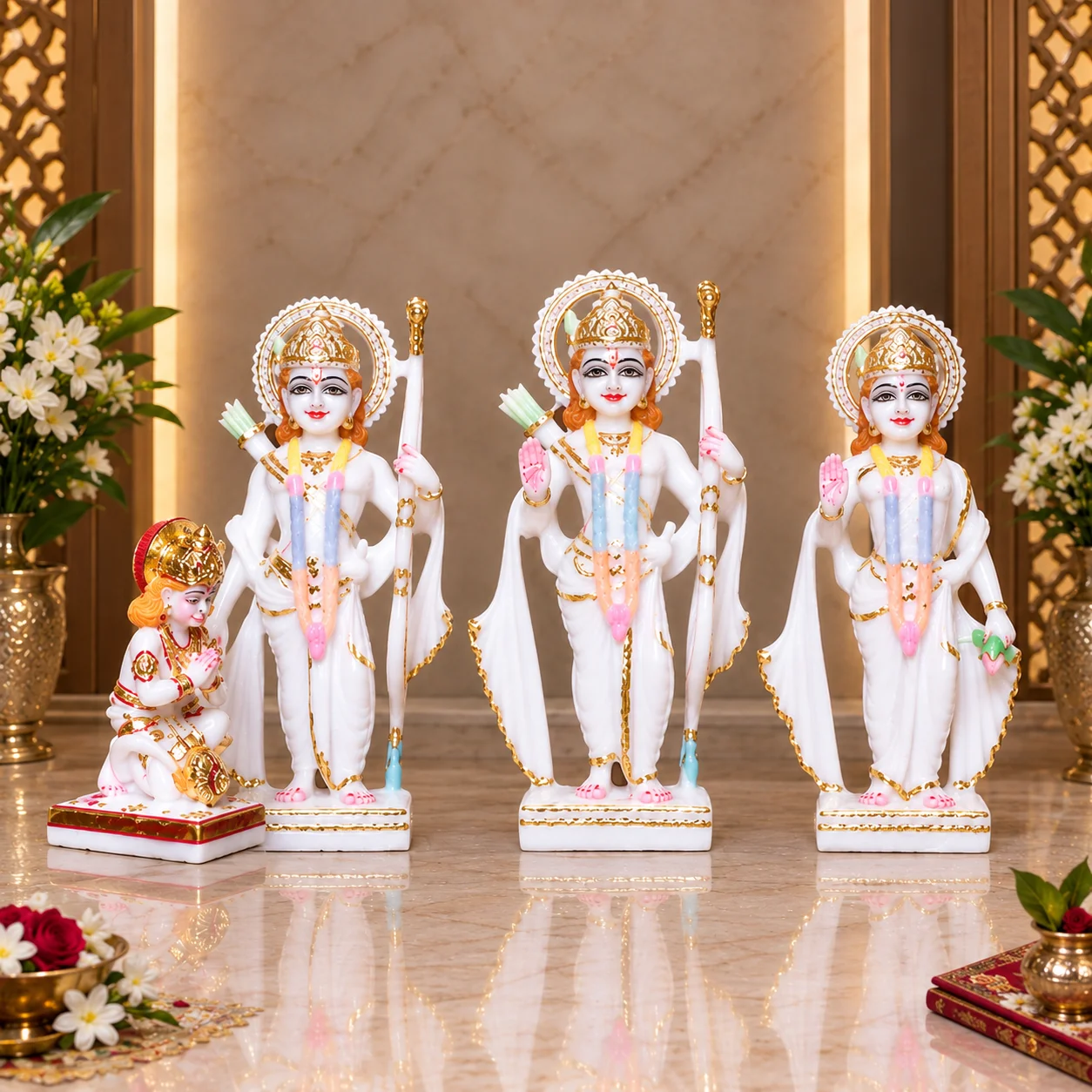 9 inch handcrafted white marble ram darbar murti set featuring lord ram sita mata laxman and hanuman for home mandir