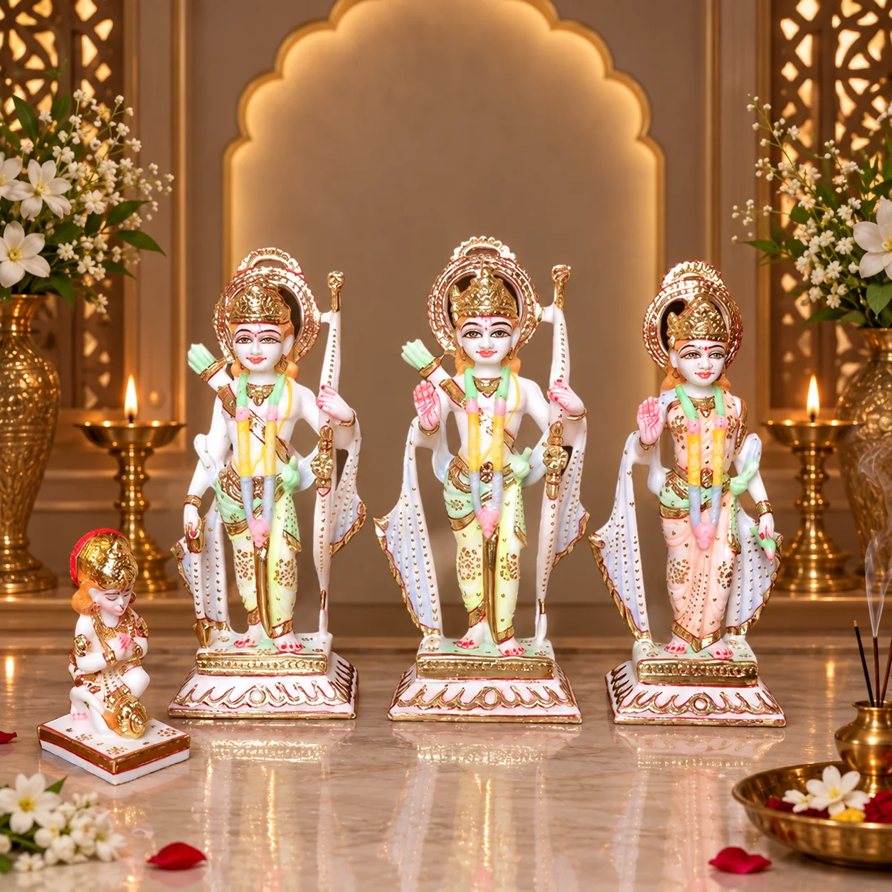 9.5 inch handcrafted multicolor white marble ram darbar murti set featuring lord ram sita mata laxman and hanuman for home mandir