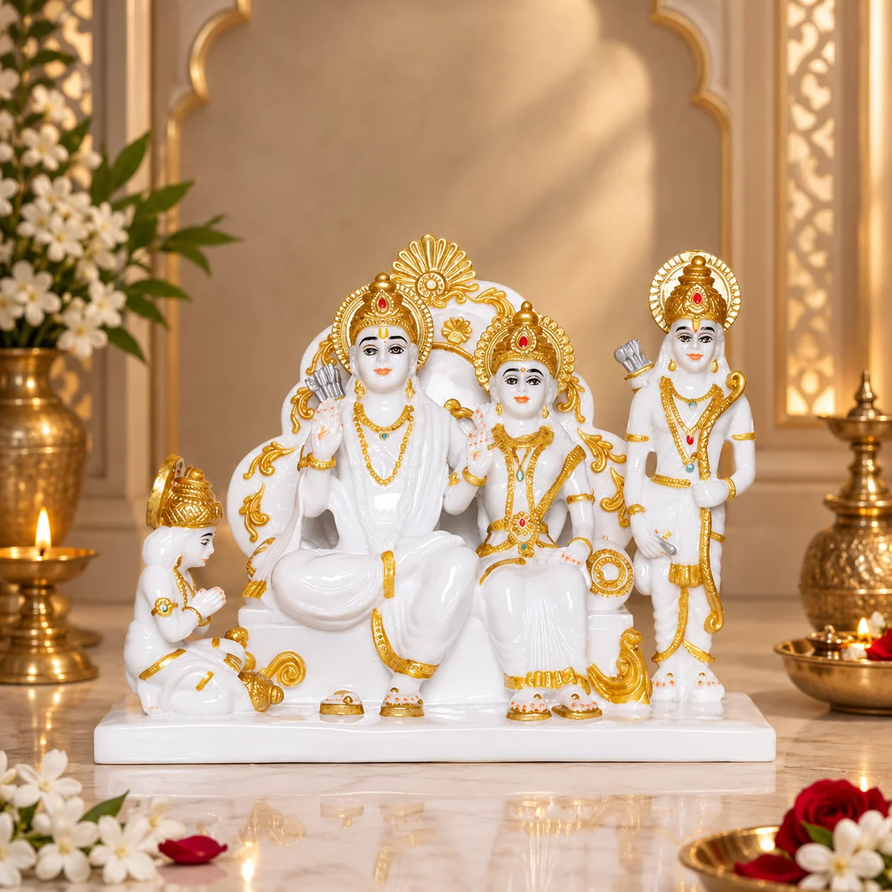 9 inch handcrafted white marble ram darbar murti in sitting posture on throne for home mandir
