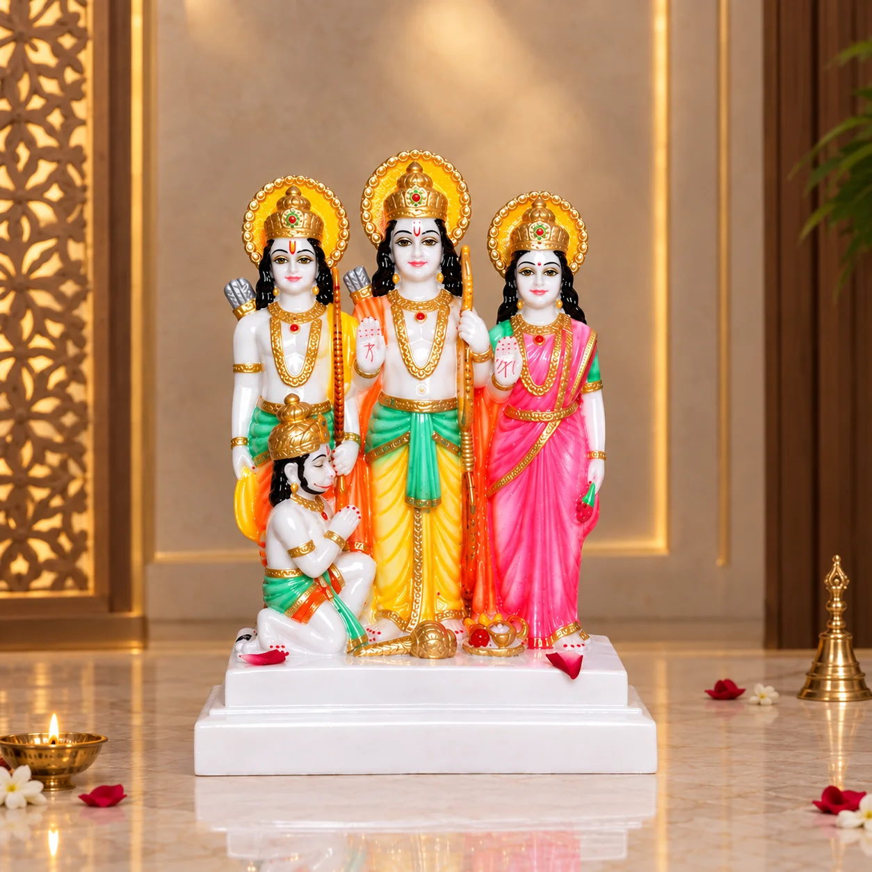 9.5 inch handcrafted multicolor white marble ram darbar murti on single base featuring lord ram sita mata laxman and hanuman for home mandir
